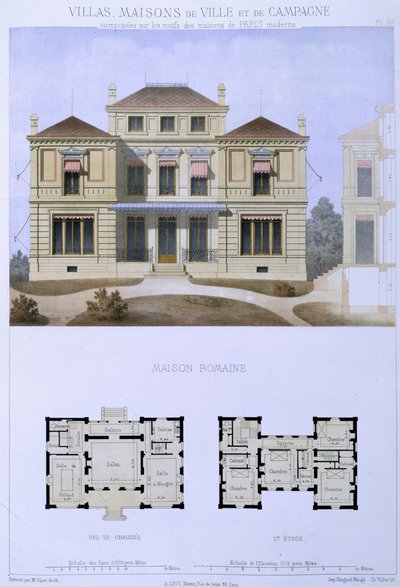 罗马别墅，由沃尔特（Walter）雕刻而成，来自“别墅，城镇和乡村别墅”的50号公寓，出版于巴黎 作者 橄榄色